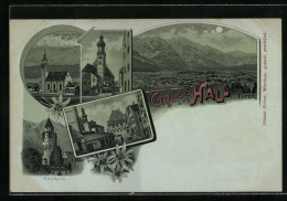 Mondschein-Lithographie Hall /Tirol, Wallfahrts-Kirche Absam, Stadtplatz, Pfarr-Kirche  - Sonstige & Ohne Zuordnung