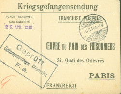 Guerre 14 Franchise Postale Œuvre Du Pain Des Prisonniers Paris Kriegsgefangensendung Censure Camp Chemnitz CAD 1916 - Guerre De 1914-18