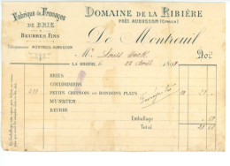 Facture Fabrique De Fromages De Brie Beurres DE MONTREUIL Domaine De La RIBIERE Près AUBUSSON 23 CREUSE - 1800 – 1899
