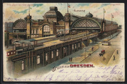 Lithographie Dresden, Hauptbahnhof, Halt Gegen Das Licht: Ansicht Bei Nacht  - Dresden