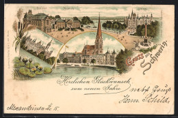 Vorläufer-Lithographie Schwerin / Mecklenburg, 1893, Theater & Museum, Schloss, Dom  - Schwerin