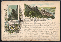 Vorläufer-Lithographie Heidelberg, 1895, Schloss Bei Nacht, Panorama  - Heidelberg