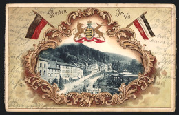 Passepartout-Lithographie Wildbad / Schwarzwald, Panorama Mit Wappen Und Fahnen  - Other & Unclassified