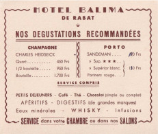 C20- RABAT (MAROC) HOTEL BALIMA - NOS DEGUSTATIONS RECOMMANDEES - CHAMPAGNE - PORTO - WHISKY - Visiting Cards