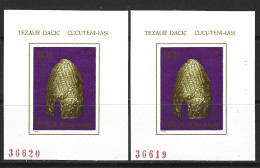 ● ROMANIA 1978 ֍ TEZAUR DACIC ֍ Casco D'ORO ● BF N.° 134A ** X 2 ● Cat. 35 € ● Imperforated ● Numerato ● COIF Gold ● - Hojas Bloque