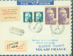 Recommandé Paris Vignette Reprise Des Relations Aériennes Postales France Espagne Par Air France  YT N°731 X2 + 821 X2 - 1927-1959 Briefe & Dokumente