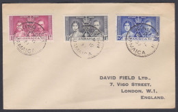 British Jamaica 1937 Used FDC To England, Coronation Of King George VI Stamps, First Day Cover - Jamaïque (...-1961)