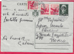ANNULLO DCGLR "CATANIA FERROVIA SEZIONE ORDINARIA N°1*1.6.46*SU INTERO CARTOLINA POSTALE TURRITA C. 60(+3X0,80)(INT.116) - Marcofilía