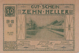 10 HELLER 1920 Stadt ETSDORF Niedrigeren Österreich Notgeld Banknote #PE959 - Lokale Ausgaben