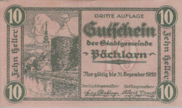 10 HELLER 1920 Stadt PÖCHLARN Niedrigeren Österreich Notgeld Papiergeld Banknote #PG982 - [11] Local Banknote Issues