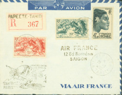 Établissement Français De L'Océanie Recommandé Papeete Tahiti Cachet 1ère Liaison Air France Tahiti Paris Pour Saïgon - Airmail