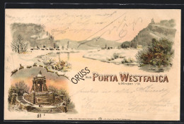 Winter-Lithographie Porta Westfalica B. Minden, Verschneites Denkmal Und Flusspartie  - Autres & Non Classés