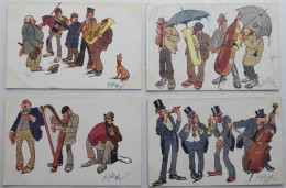 Illustrations Fritz Schoenpflug - Des Orchestres De Rue "avinés" - 4 Belles CPA De 1907 - Schoenpflug, Fritz