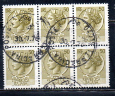 ITALIA REPUBBLICA ITALY REPUBLIC 1968 - 1976 SIRACUSANA TURRITA STELLE STARS LIRE 50 BLOCCO USATO BLOCK USED OBLITERE' - 1961-70: Gebraucht