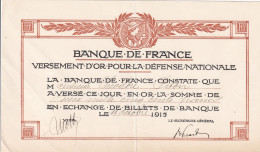 Bon Banque De France Versement Or Guerre 1914 - Banks