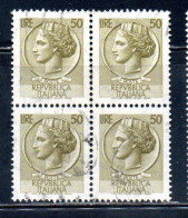 ITALIA REPUBBLICA ITALY REPUBLIC 1968 - 1976 SIRACUSANA TURRITA STELLE STARS LIRE 50 QUARTINA BLOCK USATA USED OBLITERE' - 1961-70: Afgestempeld