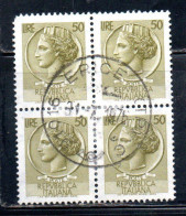 ITALIA REPUBBLICA ITALY REPUBLIC 1968 - 1976 SIRACUSANA TURRITA STELLE STARS LIRE 50 QUARTINA BLOCK USATA USED OBLITERE' - 1961-70: Afgestempeld