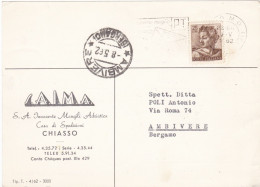 SVIZZERA -  STORIA POSTALE - CHIASSO - S.A.I.M.A. - S. A. INNOCENTE MANGLI ADRIATICA - VG. DA MILANO PER AMBIVERE (BG) - Cartas & Documentos