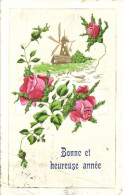 Carte Gaufrée Fantaisie Moulin à Vent Roses Bonne Et Heureuse Année R - Windmühlen