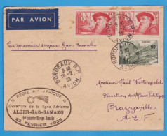 LETTRE PAR AVION - BORDEAUX POUR BRAZAVILLE VIA ALGER ET GAO - REGIE AIR AFRIQUE - 1er COURRIER EUROPE BAMAKO 1938 - 1927-1959 Lettres & Documents