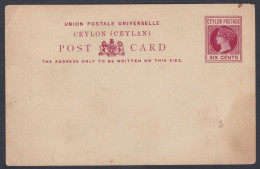 British Ceylon Six Cents Queen Victoria Mint Unused UPU Postcard Post Card, Postal Stationery - Ceilán (...-1947)