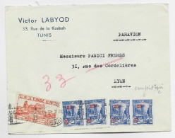 TUNISIE 65C SURCHARGE 25C X4 1 VARIETE SANS POINT APRES C +2FR LETTRE COVER AVION TUNIS 1945 POUR LYON - Brieven En Documenten