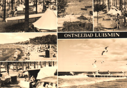 LUBMIN, MULTIPLE VIEWS, ARCHITECTURE, BEACH, TENT, CAR, CHILDREN, BIRDS, GERMANY, POSTCARD - Lubmin