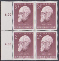 1970 , Mi 1351 ** (3) -  4er Block Postfrisch - 100. Geburtstag Von Karl Renner - Nuevos