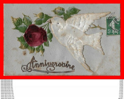 CPA  Anniversaire.  Hirondelle Découpis Et Rose En Velours ...S486 - Verjaardag