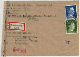 Deutsches Reich 1943, Brief Einschreiben Braunschweig - Rapperswil (Schweiz), Zensur / Censor - Lettres & Documents