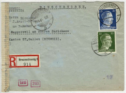 Deutsches Reich 1944, Brief Einschreiben Braunschweig - Rapperswil (Schweiz), Zensur / Censor - Briefe U. Dokumente