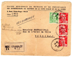 1950  Recommandé De NICE GRIMALDI  T P Bande De 3 Gandon 15f + Gandon 1f  Envoyée à VOLX - Cartas & Documentos