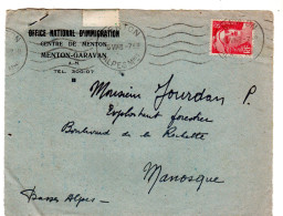 1948  " OFFICE NATIONAL D' IMMIGRATION " Centre De MENTON- GARAVAN  Envoyée à MANOSQUE - Cartas & Documentos