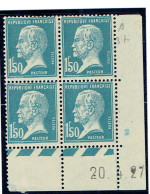 181 Pasteur 1,50 F. Bleu Coin Daté 1927-04-20 Cylindre A Charnière - 1922-26 Pasteur