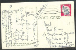 1964 (6 July) 11 Cents Statue Liberty On Postcard Miami To Buenos Aires - Storia Postale