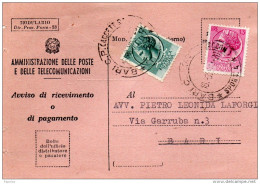 1961 RICEVUTA DI RITORNO CON ANNULLO BARI - 1961-70: Poststempel
