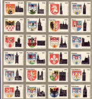 Czech Republic, 24 Matchbox Labels, Erby - Coat Of Arms, Praha Trutnov Pardubice Domžlice Klatovy Cheb Plzen Kolin Jičín - Boites D'allumettes - Etiquettes
