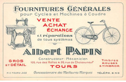37 - TOURS - SAN27882 - Fournitures Générales Poru Cycles Et Machines à Coudre - Albert Papin - CP Pub - Tours