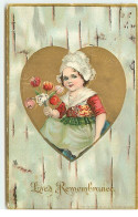 Carte Gaufrée - Love's Remembrance - Fillette Dans Un Coeur Tenant Des Tulipes - Valentine's Day