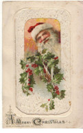 Carte Gaufrée Qui S'ouvre - A Merry Christmas Wishes - Père Noël Au-dessus De Houx - Autres & Non Classés