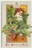 Carte Gaufrée - Best Christmas Wishes - Père Noël Au Milieu De Branches De Sapin Décoré - Other & Unclassified