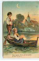 Carte Gaufrée - Wees Gegroet, Maria, Vol Van Gratie ... - Couple D'enfants Dans Une Barque Au Clair De Lune - Other & Unclassified