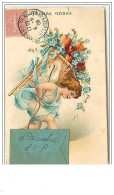 Carte Gaufrée - Bonne Année - Angelot Portant Un Panier Rempli De Fleurs - Petite Enveloppe - Neujahr