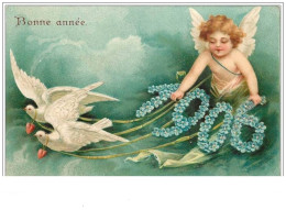 Carte Gaufrée - Bonne Année - 1906 - Angelot Et Colombes - Nouvel An