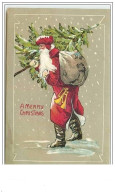 Carte Gaufrée - A Merry Christmas - Père Noël Apportant Un Sapin Et Des Cadeaux - Kerstman