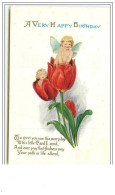 Carte Gaufrée - A Very Happy Birthday - Angelots Sortant De Tulipes - Geburtstag