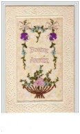 Carte Brodée - Bonne Année - Pensées Et Corbeille - Embroidered