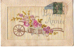 Carte Brodée - Bonne Année - Brouette Remplie De Fleurs - Embroidered