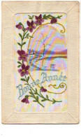 Carte Brodée - Bonne Année - Paysage Peint Et Fleurs Brodées - Embroidered