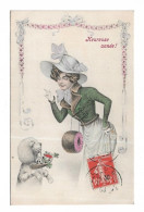 CPA BONNE ANNEE / JEUNE FEMME ET CHIEN - New Year